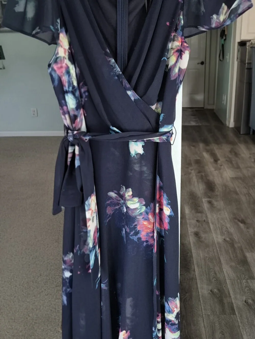 DKNY Navy Floral Wrap Midi Dress